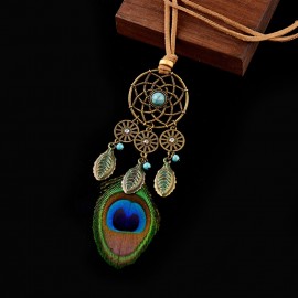 2019 Women's Dreamcatcher Tassel Peacock Feather Bohemian Long Necklace Sweater Leather Chain Tibetan Indian Jewelry Summer