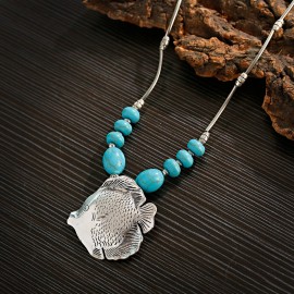 2022 Ethnic Gypsy Boho Necklace For Women Jewelry Silver Color Fish Shape Turquoises Indian Necklaces Pendants