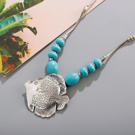 2022 Ethnic Gypsy Boho Necklace For Women Jewelry Silver Color Fish Shape Turquoises Indian Necklaces Pendants
