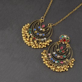2022 Retro Ethnic Gold Color Round Geometry Earrings Jewelry Set Women's Corful CZ Earrings Necklace Set Earrings