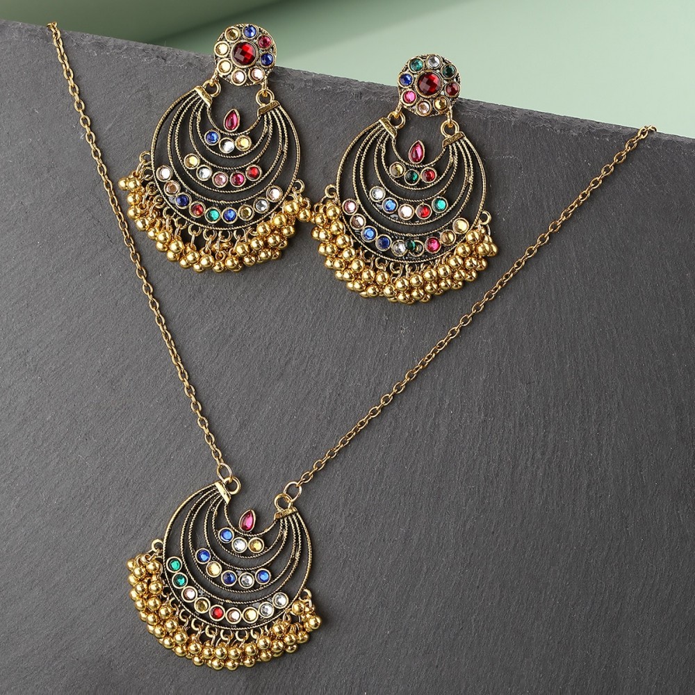 2022 Retro Ethnic Gold Color Round Geometry Earrings Jewelry Set Women's Corful CZ Earrings Necklace Set Earrings