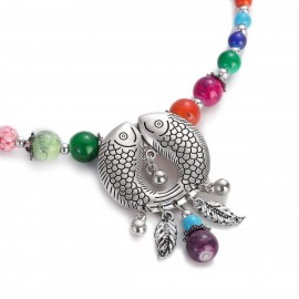 2023 New Vintage Bohemia Necklace Women's Colourful Natural Stone Tibetan Silver Fish Pendants Necklaces Bijoux