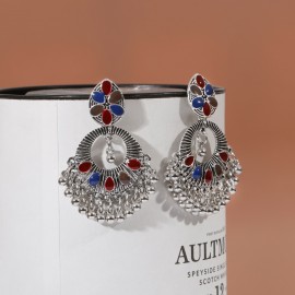3 Color Vintage Silver Color Flower Bollywood Oxidized Earrings Women's Boho Ethnic Blue Dripping Oil Dangle Earrings
