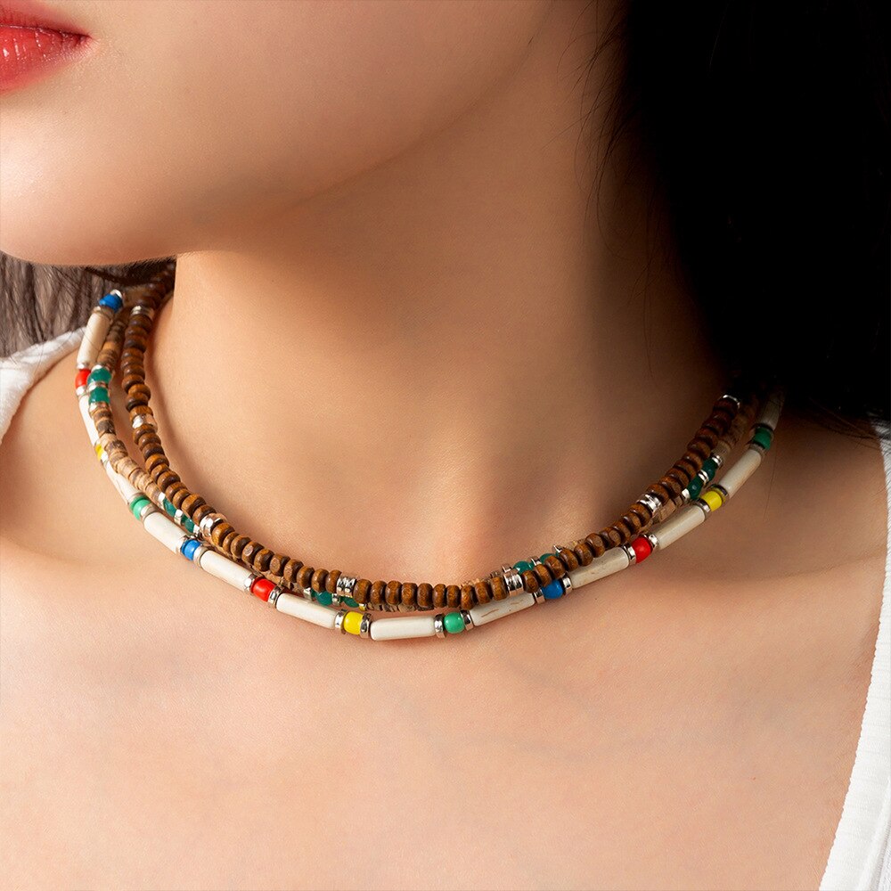 3Pcs/Set Boho Layered Wooden Bead Necklace For Women Summer Vintage Collier Choker Necklace Femme Fashion Jewelry