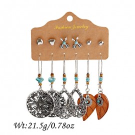 6PCS/Lot Green Flower Alloy Hollow Dangle Earrings For Women Bohemian Wood Leaf Ladies Earrings Oorbellen