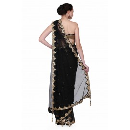 Designer net sari with gold gota patti border and gold brocade Blouse