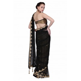 Designer net sari with gold gota patti border and gold brocade Blouse