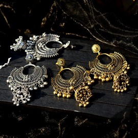 2020 Ethnic Women's Big Round Silver Color Drop Earrings Jhumka Indian Earrings Vintage Flower Lantern Tassel Tibetan Jewelry
