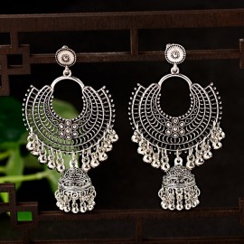2020 Ethnic Women's Big Round Silver Color Drop Earrings Jhumka Indian Earrings Vintage Flower Lantern Tassel Tibetan Jewelry