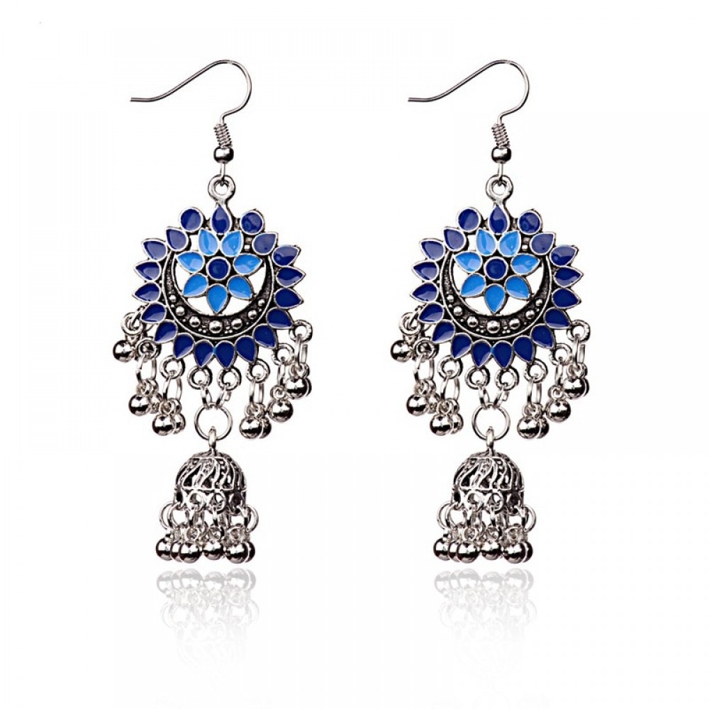 2020 Indian Jhumka Gypsy Birdcage Blue Earrings With Flower For Women Antique Silver Color Bells Ladies Earrings Egypt