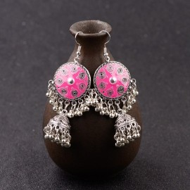 2020 Pink Round Jhumka Gypsy Indian Earrings For Women 6 Color Silver Color Bells Ladies Earrings Egypt Oorbellen HXE086