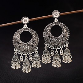 2020 Silver Color Round Egypt Vintage Jhumka Bells Tassel Earrings For Women Flower Classic Turkish Tribal Gypsy Indian Jewelry