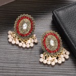 2022 Ethnic Red CZ Gold Color Alloy Earrings India Jewelry Women's Pearl Beads Tassel Jhumka Earrings Female