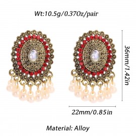 2022 Ethnic Red CZ Gold Color Alloy Earrings India Jewelry Women's Pearl Beads Tassel Jhumka Earrings Female