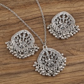 2022 Retro Ethnic Black Flower Earrings Jewelry Set Women's Silver Color Geometry Earrings Necklace Set Earrings