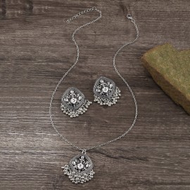 2022 Retro Ethnic Black Flower Earrings Jewelry Set Women's Silver Color Geometry Earrings Necklace Set Earrings