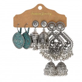 3 Pairs Vintage Bohemian Ethnic Silver Color Jhumka Dangle Hanging Earrings For Women Indian Accessories Gifts