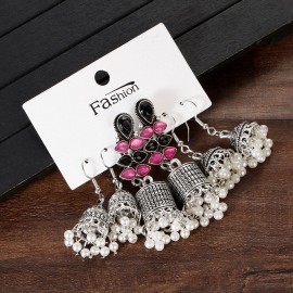 3Pairs/Lot Vintage Silver Color Tribal Earrings Set Bohemian Women's Pink CZ Earrings Hippie Jewelry