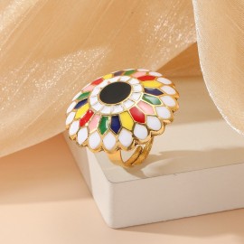 Bohemia Vintage Colorful Flowers Women Ring Jewelry Accessories Ethnic Big Gold Color Adjustable Ring Party Jewelry Bijoux