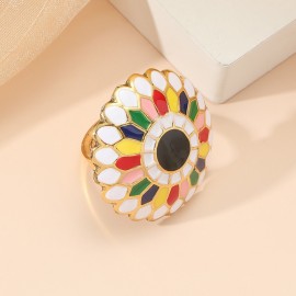 Bohemia Vintage Colorful Flowers Women Ring Jewelry Accessories Ethnic Big Gold Color Adjustable Ring Party Jewelry Bijoux
