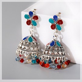 Bohemian Summer Blue Flower Earrings Women Silver Color Alloy Carved Stone Tassel Dangle Earrings Vintage Jewelry Oorbellen