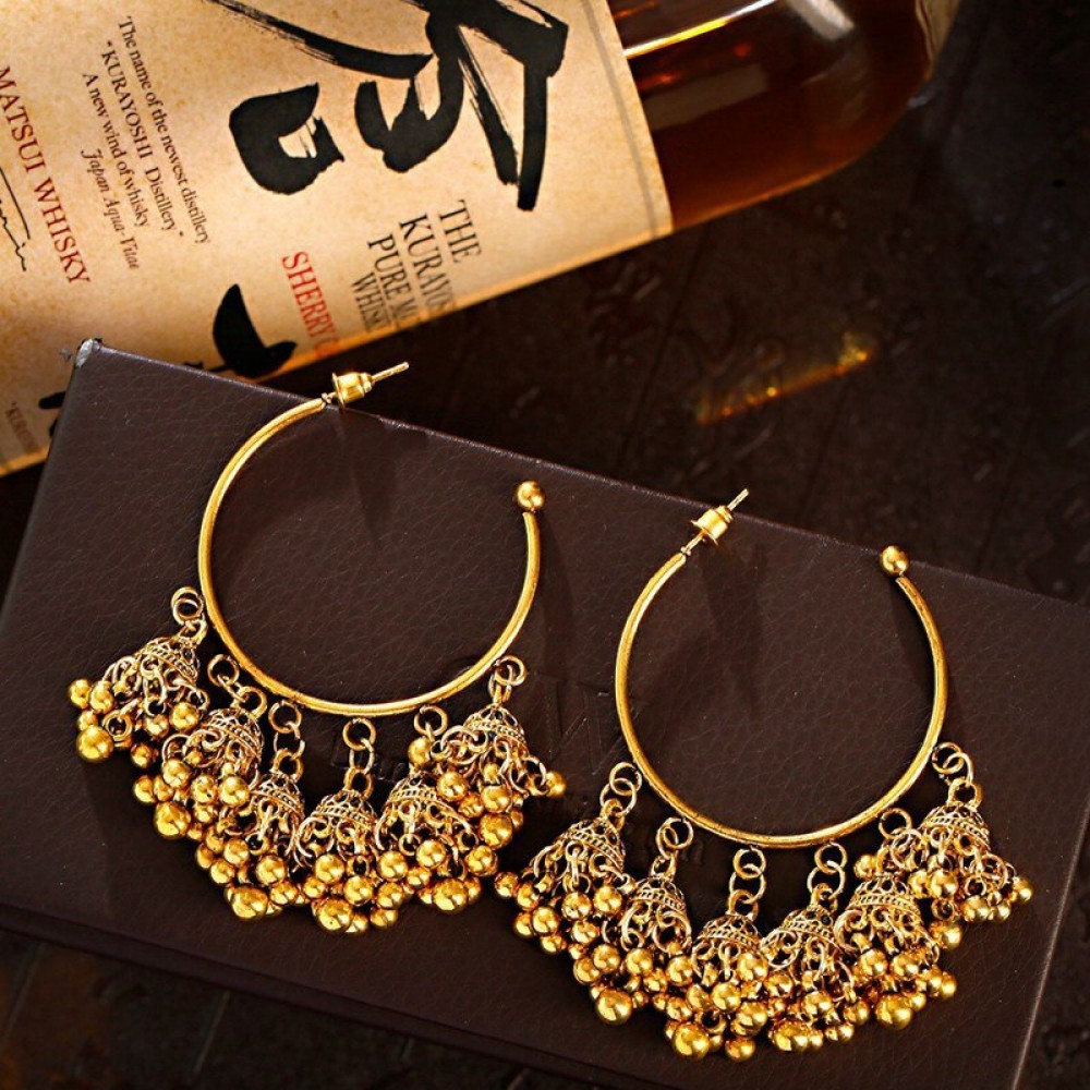 Boho Ethnic Big Round Alloy Ladies Indian Earring Jewelry Pendient Vintage Women's Silver Color Bell Earring