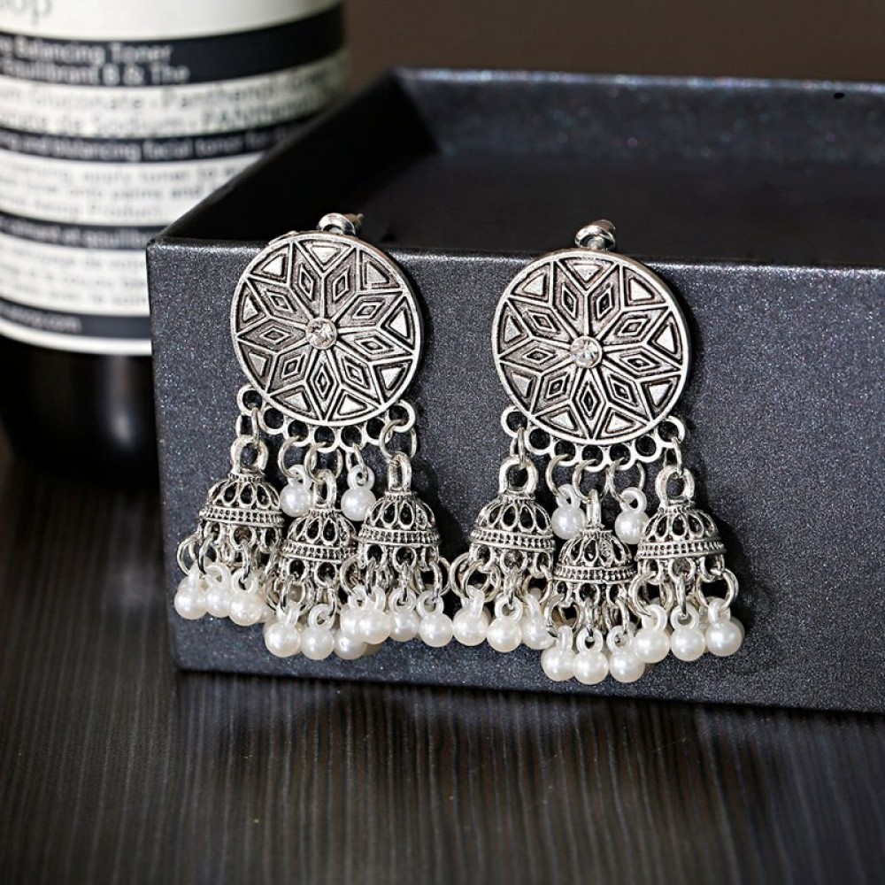 Boho Ethnic Pearl Tassel Earrings For Women Pendient Gyspy Silver Color Flower Carved Ladies Indian Earring Jewelry