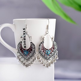 Boho Gypsy Tassel Indian Drop Earrings 2020 Women Orecchini Jewelry Ladies Retro Blue Flower Silver Color Jhumka Earrings