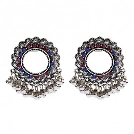Boho Vintage Silver Color Round Waves Hollow Earrings Pendientes Ethnic Corful Zircon Beads Tassel Wedding Earrings