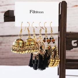 Boho Women's Round Gold Color Alloy Ladies Earrings Set Bollywood Bohemian Vintage Fabric Tassels Earrings Fashion Jewelry
