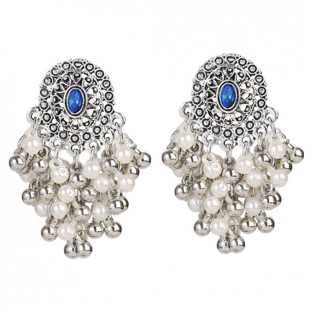 Classic Silver Color Beads Tassel Jhumka Indian Earrings Women Kolczyki Ladies Blue Gypsy Earring Pendientes Orecchini Donna