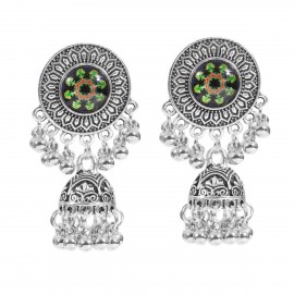 Classic Vintage Silver Color Alloy Carved Bollywood Oxidized Earrings For Women Ethnic Rose Red Jhumka Earrings