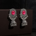 Classic Vintage Silver Color Alloy Carved Bollywood Oxidized Earrings For Women Ethnic Rose Red Jhumka Earrings