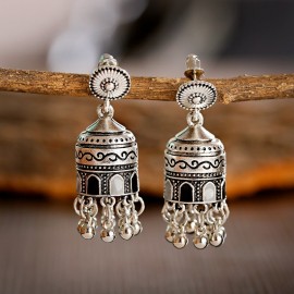 Classic Women's Silver Color Carved Jhumka Jhumki Earrings Indian Jewelry Tribe Vintage Ethnic Bohemia Corful Bell Earrings