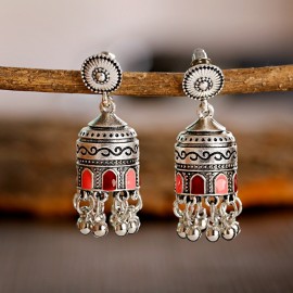Classic Women's Silver Color Carved Jhumka Jhumki Earrings Indian Jewelry Tribe Vintage Ethnic Bohemia Corful Bell Earrings