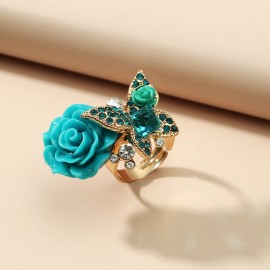 Elegant Green Butterfly Flower CZ Rings Indian Jewelry Retro Finger Ring Banquet Wedding Jewelry Female Gifts