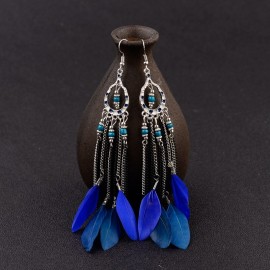 Ethnic Blue Feather Long Earrings For Women Gypsy Jhumka Jhumki Chain Indian Beads Earrings Handmade Oorbellen HXE058