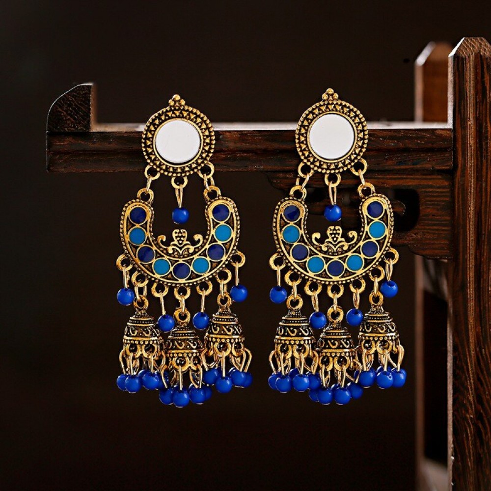 Ethnic Classical Women's Blue Beads Earrings Handmade Ladies Gypsy Jhumka Jhumki Bell Tibetan India Earrings