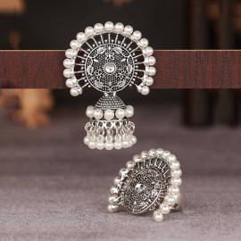 Ethnic Flower Carved Pearl Earring/Ring Set Bijoux Wedding Jewelry Hangers Beads Tassel Jhumka Earrings Hangers
