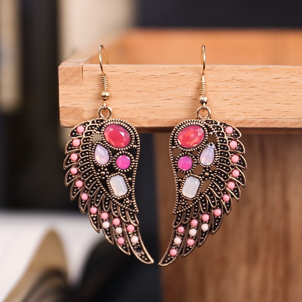 Ethnic Pink Wing Rhinestone Earrings Women's Retro Trendy Gold Color Hollow Alloy Gypsy Jhumka Earrings Wedding Jewelry