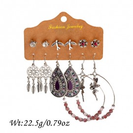 Ethnic Purple Beads Round Alloy Dreamcatcher Earrings Set Fashion Women Summer Boho Flower Water Drop Earrings