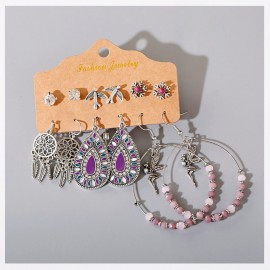 Ethnic Purple Beads Round Alloy Dreamcatcher Earrings Set Fashion Women Summer Boho Flower Water Drop Earrings