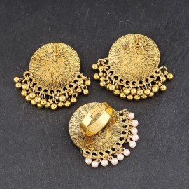 Ethnic Red Round Flower Earring/Ring Set Bijoux Wedding Jewelry Hangers Bohemia Gold Color Beads Tassel Jhumka Earrings Hangers