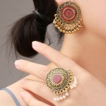 Ethnic Red Round Flower Earring/Ring Set Bijoux Wedding Jewelry Hangers Bohemia Gold Color Beads Tassel Jhumka Earrings Hangers