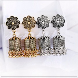 Ethnic Retro Flower Silver Color Jhumka Indian Earrings Orecchini Donna Gypsy Statement Ladies Earring Lantern Tassel Palace