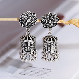 Ethnic Retro Flower Silver Color Jhumka Indian Earrings Orecchini Donna Gypsy Statement Ladies Earring Lantern Tassel Palace