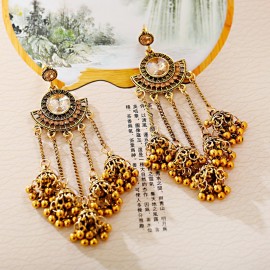 Ethnic Sector Silver Color Long Tassel Bell Dangle Earrings For Women Handmade Rhinestone Gypsy Tribe Indian Earrings