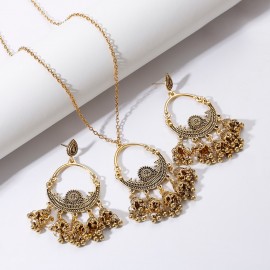 Ethnic Silver Color Carved Earring/Necklace Set For Women Bijoux Wedding Jewelry Hangers Jhumka Earrings