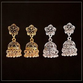 Ethnic Silver Color Flower Indian Jhumka Earrings Women Bohemian Retro Tassel Bell Tibetan Earrings Oorbellen