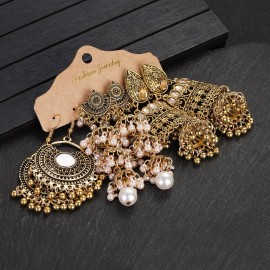 Ethnic Vintage Flower Tassel Earrings Set for Women Luxury Zircon Pearl Geometric Drop Earring Jewelry Boho Wedding Earrings